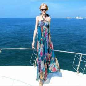 Women 100 Silk dress Beach dress 100% Natural Silk Blue Print dress Holiday summer dresses